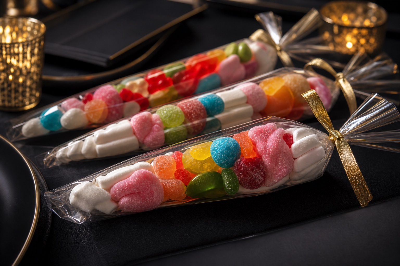 Elegant candy sticks arranged as event favors on a black table