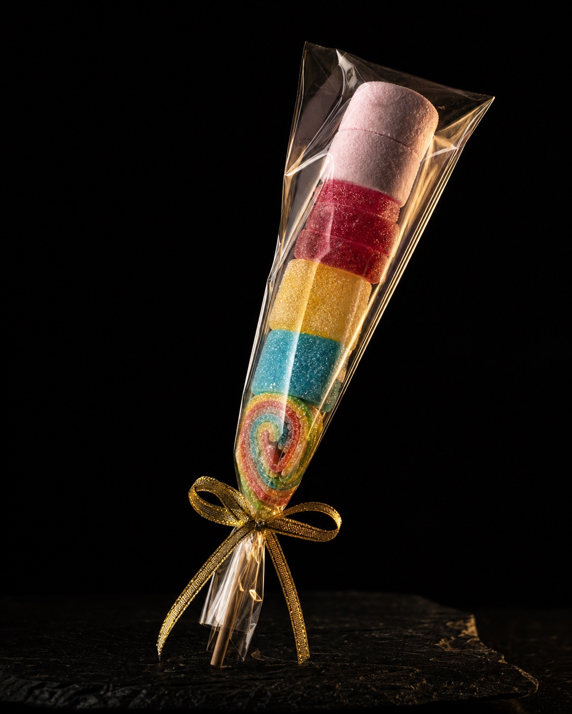 Signature rainbow candy stick tied with a gold bow