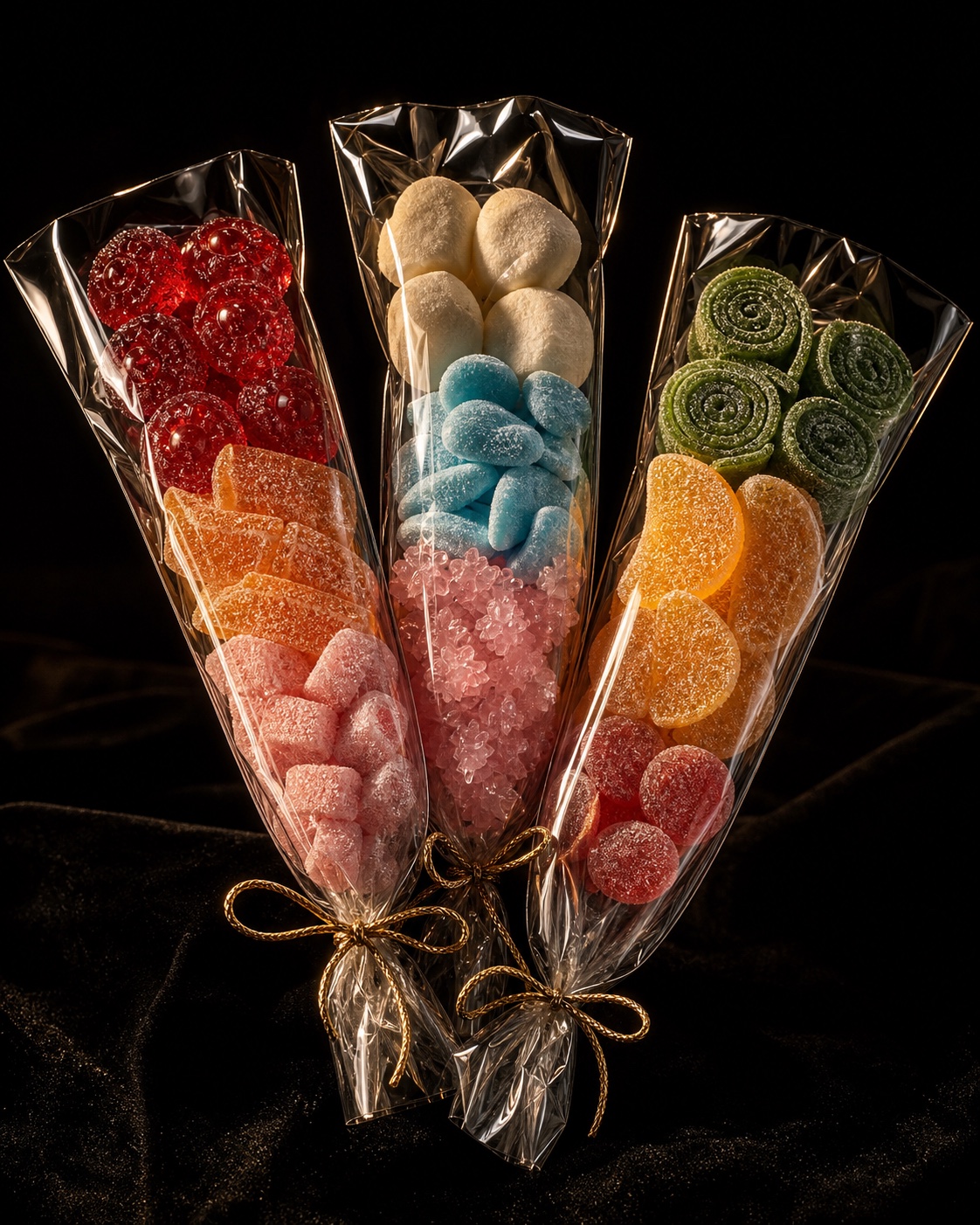 Three colorful wrapped candy arrangements on black velvet